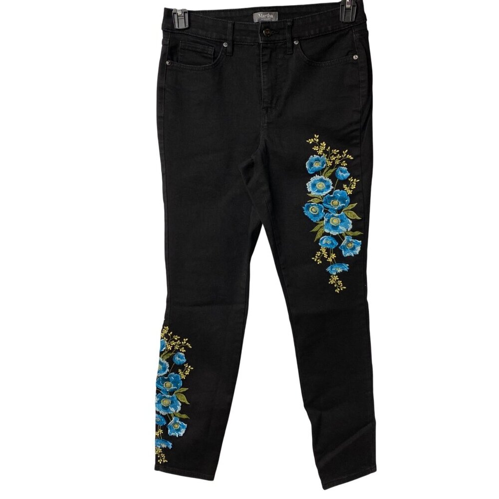 Martha Stewart Womens Black Skinny‎ Jeans With Blue Floral Embroidery Design 6